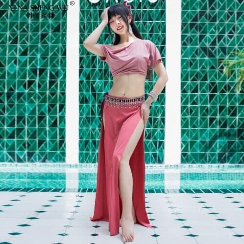 Summer New Style Belly Dance Practice Costume Women Sexy 2pcs Set Split Skirt Oriental Dance Exercise Dresses Team Beginner Suit