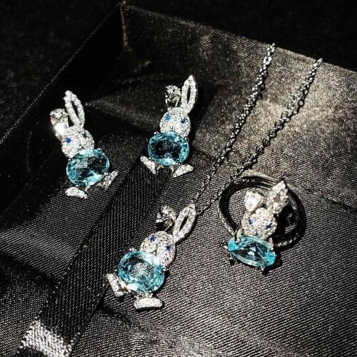 Micro-set diamond rabbit ear nails Imitation natural sky blue Toppa stone pendant Cute open rabbit ring girl