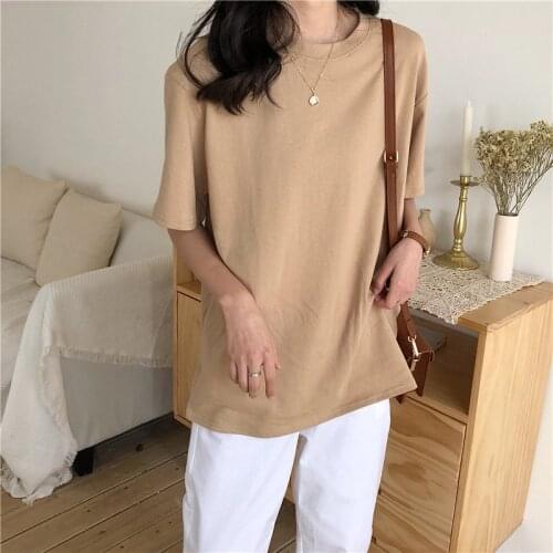 Fashion woman t-shirts 2021 Summer New T-shirt Soft Free Loose Hot Sale Solid Fresh Women Natural Short Basic Shirt 9702