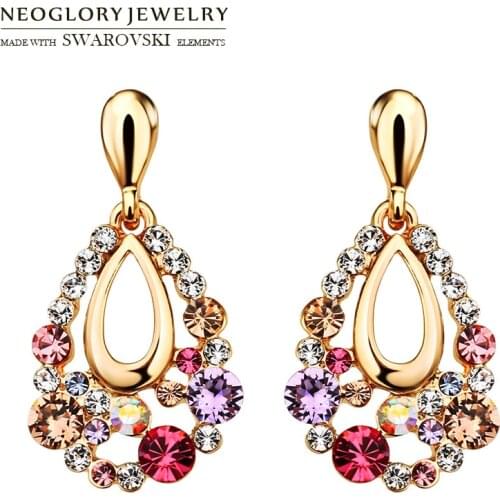 Neoglory Austria Rhinestone Long Earrings Water Drop Style Colorful Design Party Gift Trendy Classic Rose Gold Color Holiday