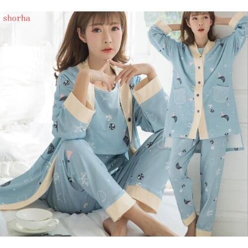New 3PCS/Sets Printed Cotton Maternity Nursing Pajamas Fashion Nightwear Home Wear for Pregnant Women Pregnancy Sleepwear Suit