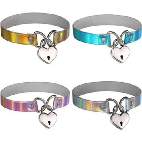 Heart chokers holographic choker PU Leather Chocker Handmade Collar Gothic Necklace Lock Punk jewelry