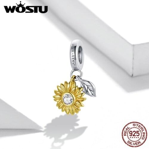 WOSTU Yellew Shining Sun Flower Charms 925 Sterling Silver Fit Original Bracelet Pendants For Women DIY Original Fine Jewelry