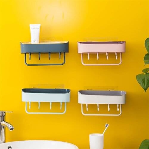 Bathroom Shelves Shelf Storage Rack With Hooks Punch-Free Shower Draining Design Space Saving Storage Box Household Towel Holder