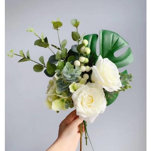 Wedding Decoration Bride Bouquet Artificial Monstera Flower Simulation Hydrangea Rose Fake Silk Flowers Home Party Ornaments