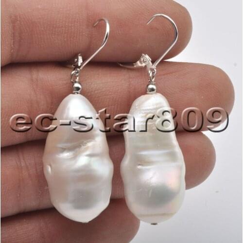 P6758 Huge 32mm White Baroque Keshi Pearl Dangle Earring Sterling Silver