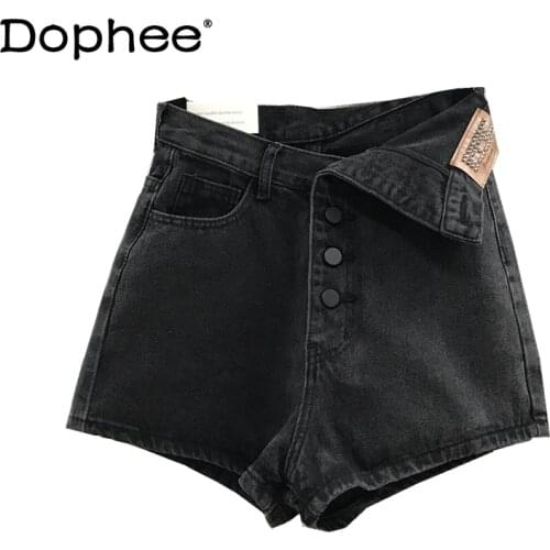 Fashion Black Denim Shorts Womens 2021 Summer Slimming High Waist Pants Loose Cool Single Breasted A- Line Wide-Leg Hot Pants