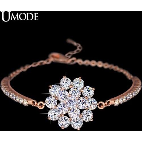 UMODE Rhinestones Cup Chain and 16 Pcs Glittering Cubic Zirconia Flower Bracelet Rose Gold Color Jewelry for Women UB0040A