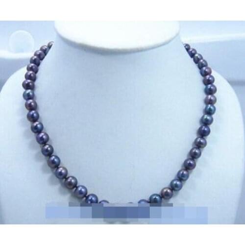 18" AAA 8-9MM NATURAL Peacock blue PEARL NECKLACE 14K GOLD CLASP