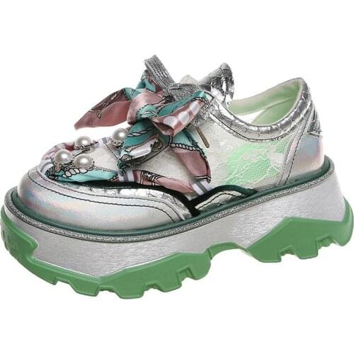 Platform Shoes Women 2021 Chunky Sneakers Luxury Fashion Designer Pearl Silk Thick Sole Ladies Shoes Breathable Sneakers Woman55