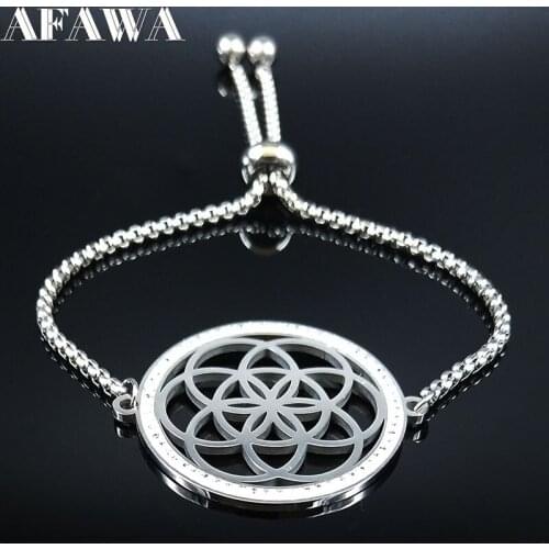 Yoga Hindu Buddhism Crystal Stainless Steel Chain Bracelet Women Flower of Life Silver Color Chain Necklace Jewelry joyas B18606