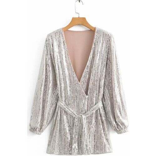Women Silver Shining Sequin Wrap Dress sexy night costume club Party Mini Dress V Neck Long Sleeve Female Loose Short Dresses