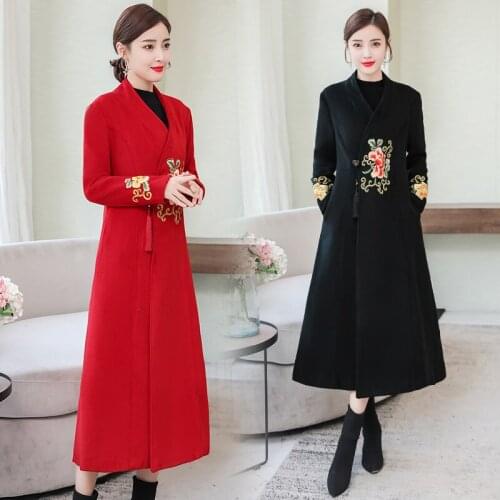 Autumn Winter Women Red Black Floral Embroidery Wool&blends 2021 Classic Vintage Elegant Bodycon Plus Size Long Outwear Coats