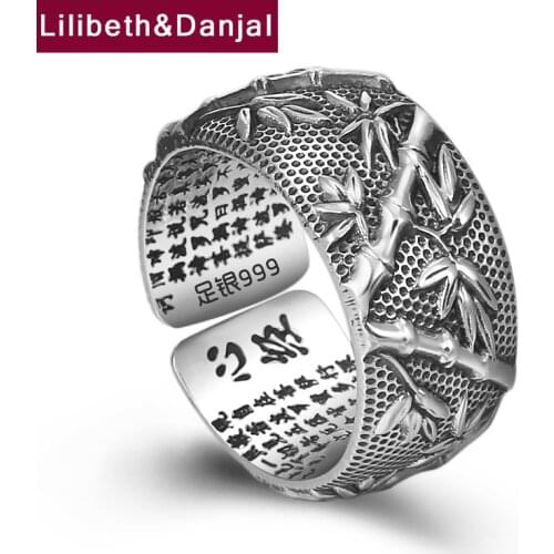 2019 Ethnic Buddha Custom Adjustable Ring 100% S999 Sterling Silver jewelry Men Rich bamboo Lucky Scripture Mantra LOVE Ring R12