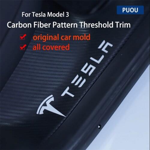 4 Pcs Tesla Model3 Leather Carbon Fiber Pattern Door Threshold Interior Sticker Anti-Kick Scratch Protection Stickers