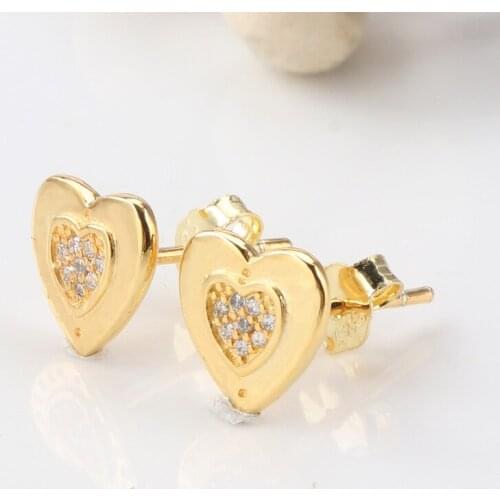 Authentic S925 Sterling Silver Pan Earring Classic golden Heart Shaped Earrings For Women Wedding Party Gift Fashion Jewelry