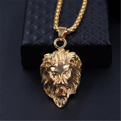Hip hop rock animal lion head gold black chain necklace mens fashion jewelry pendant