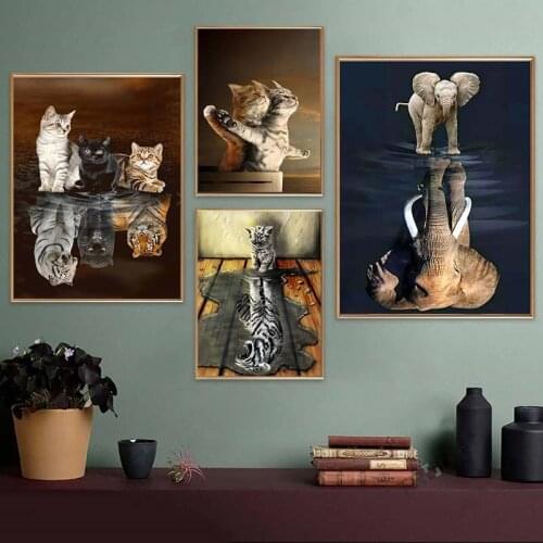 Animals Reflection Canvas Painting Cat Elephant Poster and Print Nordic Nursery Wall Art Picture for Kid Bedroom Home Decoration
