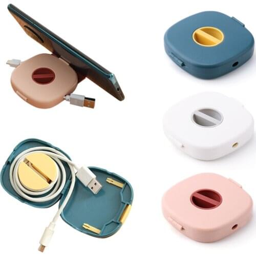 Square Rotatable Earphone Data Cable Storage Box Multi-Function Desktop Cable Winder Mobile Phone Holder