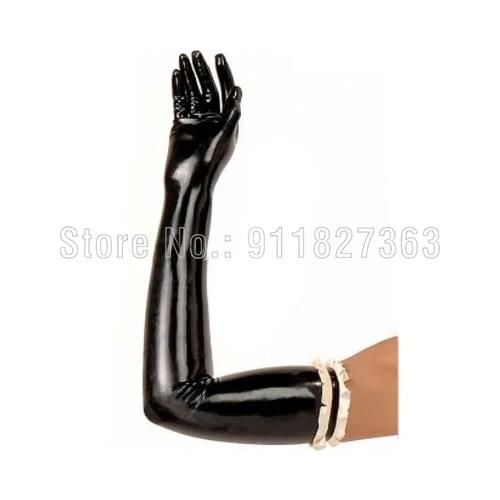 Latex Gloves Rubber Long Gloves Latex Black Wrist Purfle pleated side Long Gloves Women costumes