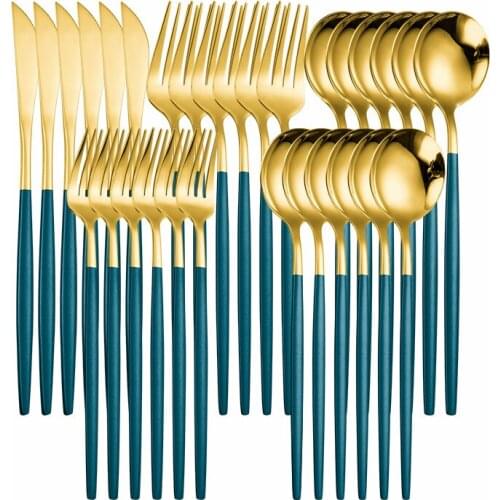Green Gold Cutlery Set Stainless Steel Dinnerware Set Fork Spoon Knife Cutlery Kitchen Tableware Eco Friendly 30Pcs Flatware