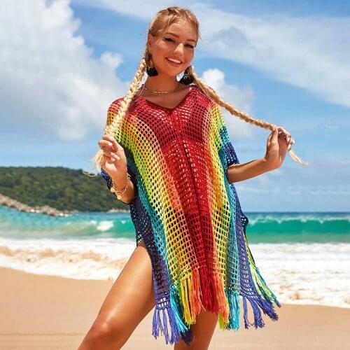 Rainbow Color Bikini Smock Swimwear Cover Up Women 2021 New Tassel V Neck Loose Swim Wrap One Size Pareo Beach Summer Dress