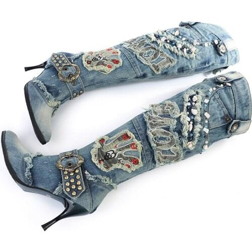 2017 new fashionable denim boots qiu dong high-heeled shoes to wear bead high boots over-the-knee knight with female boots boots