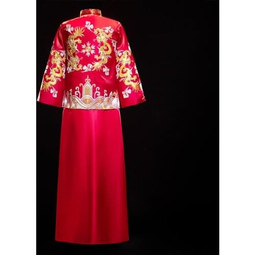 Chinese Style Bridegroom Jacket Tang Suit Clothes Wedding Toast Costumes Red Dragon Embroidery Groom Long Gown Kimono