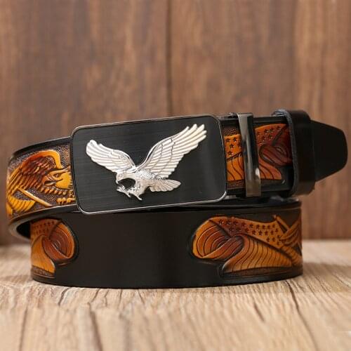 High Quality Real Cow Leather Flying Eagle Pattern Belt Fashion Smooth Buckle Belt for Men Casual Belt larger size 110-130cm