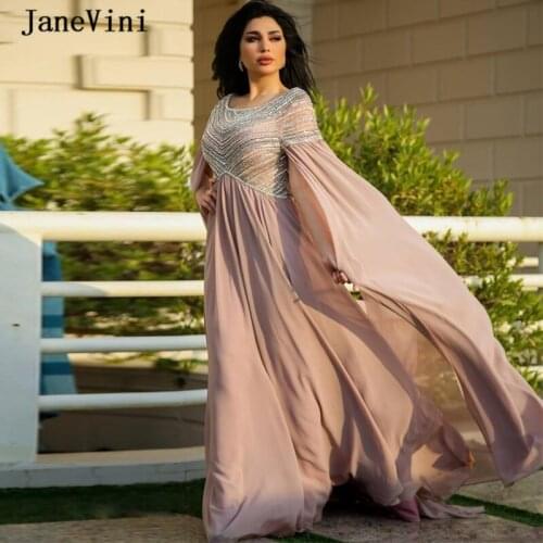 JaneVini Luxury Beading Chiffon Long Evening Dresses with Cape Sleeves 2020 Scoop Neck A Line High Waist Evening Dress Plus Size