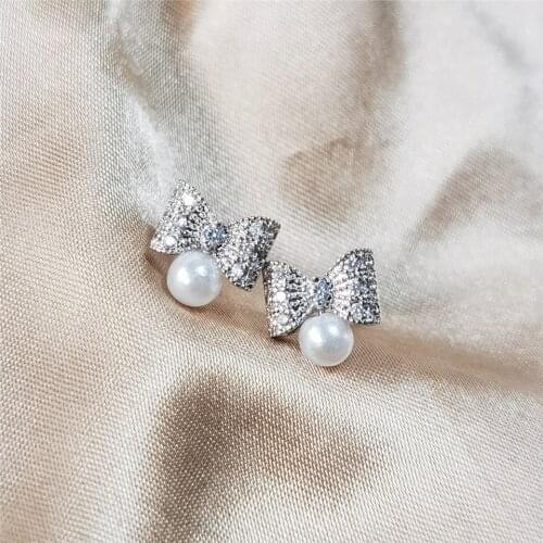Romantic Bowknot Cubic Zirconia & Imitation Pearls Stud Earrings for Women Wedding Party Jewelry Wholesale Drop Shipping