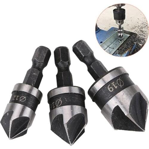 3pcs/set 90 Degree 1/4 Hex Shank Drill Bit 5 Flute 12-19mm Woodworking Chamfer Counter Sink Chamfering Debur Countersink