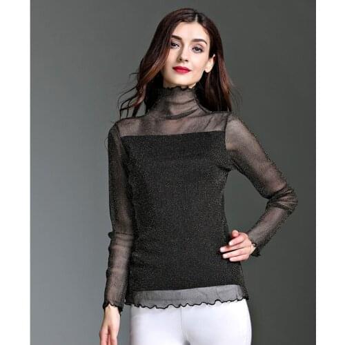 Spring women fashion slim turtleneck transparent casual shiny top female trendy color ruffled sexy elegant t-shirt
