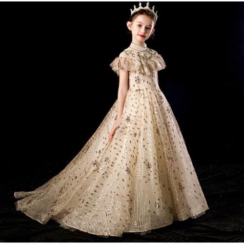 High-End Sequined Stitching Girls Evening Gown Kids Catwalk Trailing Princess Dress For Girl Birthday Party Gown Vestidos L535