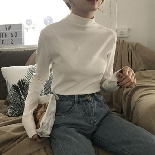 Womens Cotton Autumn and Winter Long Sleeve T-shirt White Top Turtleneck