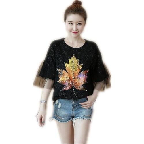 Plus Size 5XL For Fat MM T-Shirt Summer Long T-Shirts Women Beading Print 2018 O-Neck Patchwork Mesh Short Sleeve T-ShirtsQ267