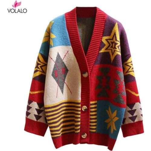 Women Long Sweater And Cardigans Knit Jackets Oversized Sweaters Geometric Single Breasted Loose Female Cardigans 2020 Winter