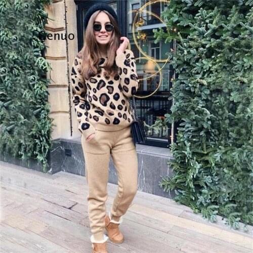 Womens Knitting Tracksuit Autumn and Winter Leopard Knitted Round Collor Panllover Sweater and Pants Two Piece Set