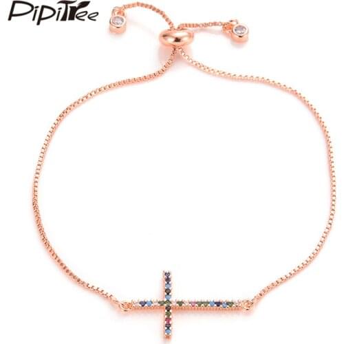 Pipitree Multicolor Cubic Zirconia Paved Thin Cross Bracelet Fashion Jewelry Gold Color Charm Trendy Bracelets for Women