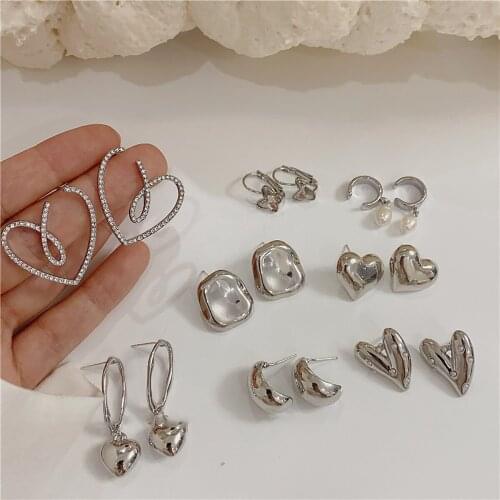 AENSOA Korea Heart Heart Shape Drop Earrings for Women Simple Sweet Silver Color Geometric Hanging Earing Female Fashion Jewelry
