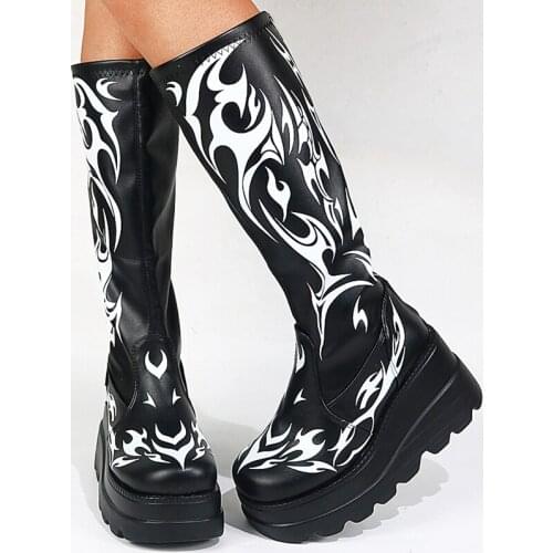 Woman Mid Calf Boots High Platform Shoes Female Autumn Wedge Leather Bootie Gothic Punk Style For Winter Black Lace up Boot