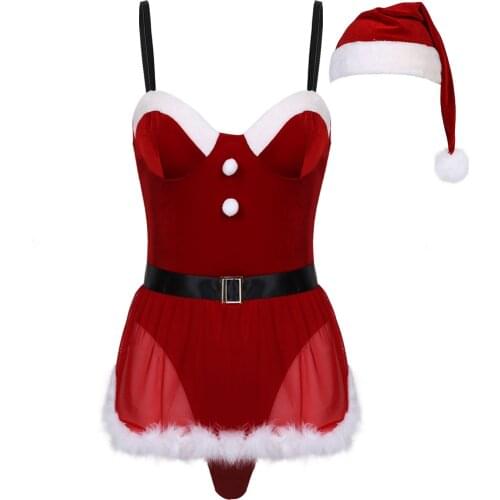 Womens Lingerie Christmas Sexy Suit Sex Cosplay Costume Velvet Bodysuit with Feather Trimming Apron Hat for Sexy Role Play Games