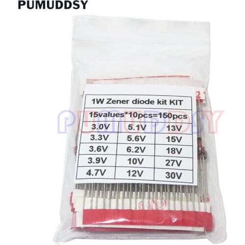 150PCS 1W Zener Diode Kit DO-41 PUMUDDSY 15values*10PCS 3V-30V Component Diy Kit Steady Pressure Tube KIT