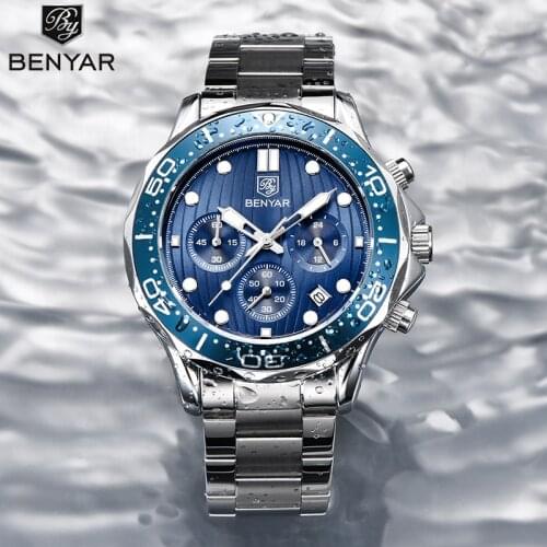 BENAYR Fashion Brand Mens Watches Top Luxury Business Wristwatch Men Waterproof Stainless Steel Quartz Chronograph Reloj hombres