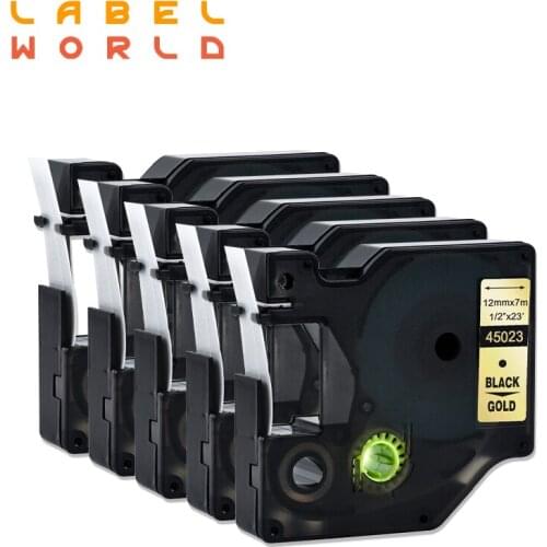 Label World 45023 12mm label tape Compatible Dymo Label manager D1 black on gold Dymo Maker 45023 Label Tape Dymo PNP 5PACK