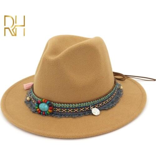 Men Women Wide Brim Woolen Felt Fedora Panama Hat with Belt Buckle Jazz Trilby Cap Party Formal Top Hat Mujer RH