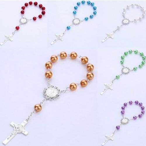 Imitation Pearl Beads Rosary Bracelet Catholic Prayer Christening Be Baptized Cross Pendants Bracelet Women Religion Jewelry