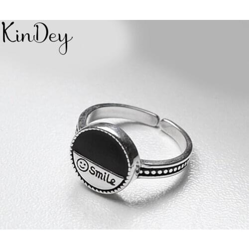 Summer Beach Vacation Open Black Round Smile Rings for Women Girls Adjustable Finger Ring Charm Jewellery Wholesale Gifts