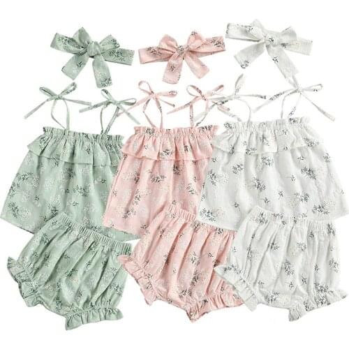Summer Baby Girls Cotton Clothing Infant Baby Girls Ruffled Lace Up Shoulder Strap Floral Printed Tops Elastic Shorts Headband