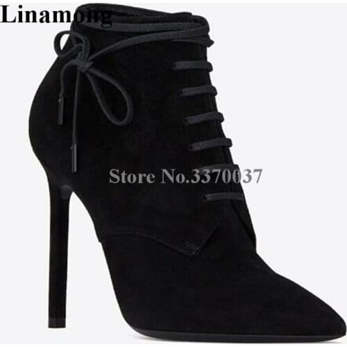 Hot Selling Women Fashion Pointed Toe Black Suede Leather Short Gladiator Boots Lace-up Thin High Heel Ankle Booties